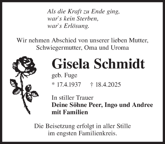 Traueranzeige von Gisela Schmidt von WochenKurier
