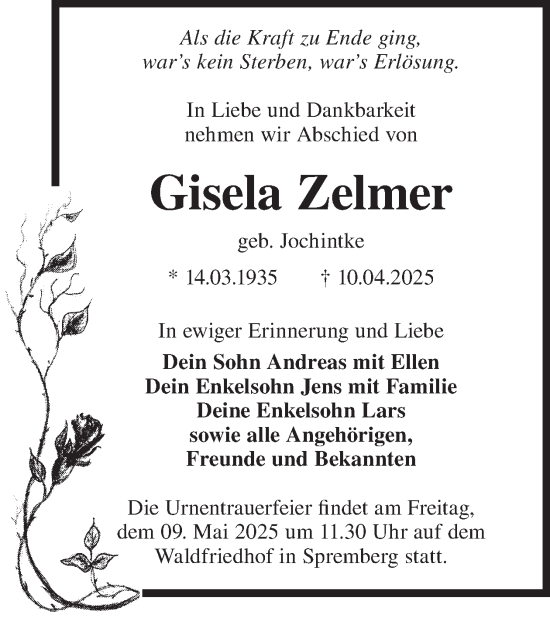 Traueranzeige von Gisela Zelmer von WochenKurier