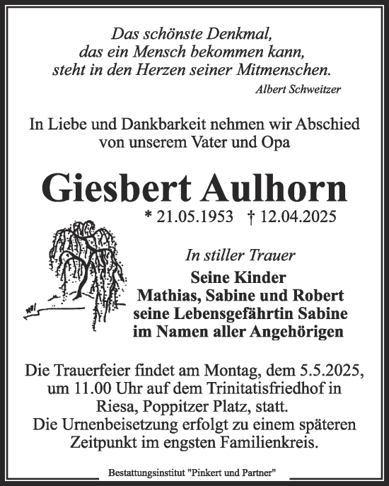 Traueranzeige von Glesbert Aulhorn von WochenKurier