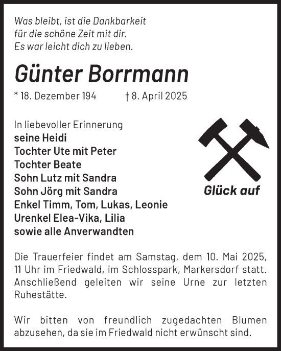 Traueranzeige von Günter Borrmann von WochenKurier