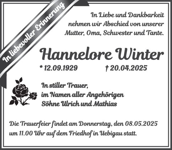 Traueranzeige von Hannelore Winter von WochenKurier
