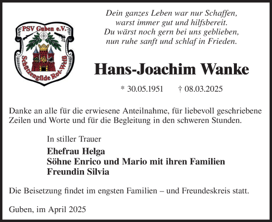 Traueranzeige von Hans-Joachim Wanke von WochenKurier
