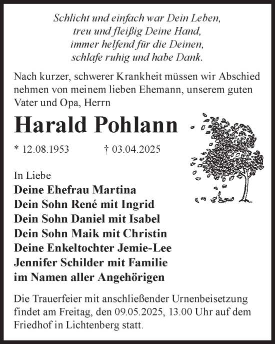 Traueranzeige von Harald Pohlann von WochenKurier