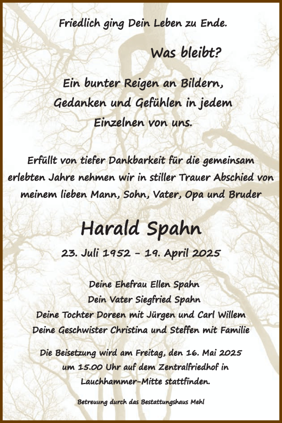 Traueranzeige von Harald Spahn von WochenKurier