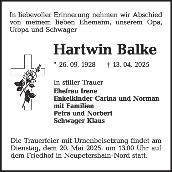 Traueranzeige von Hartwin Balke von WochenKurier
