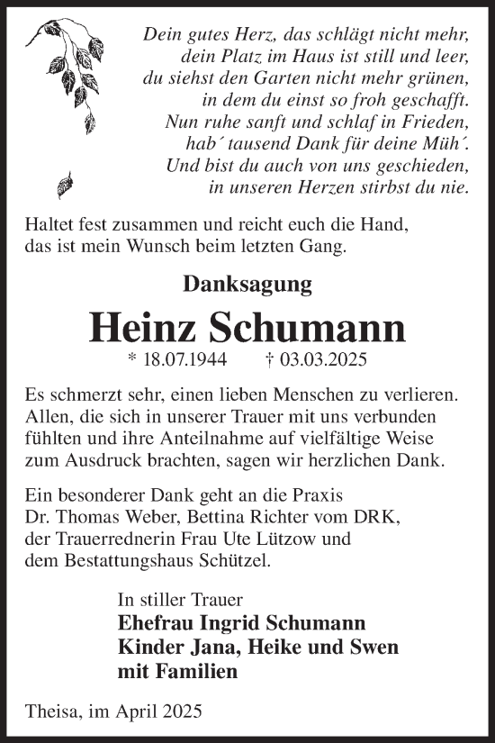 Traueranzeige von Heinz Schumann von WochenKurier