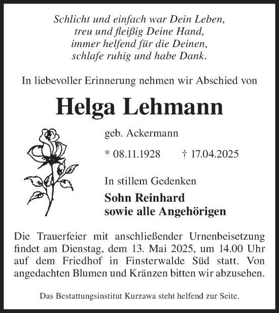 Traueranzeige von Helga Lehmann von WochenKurier
