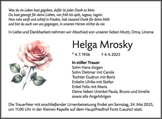 Traueranzeige von Helga Mrosky von WochenKurier