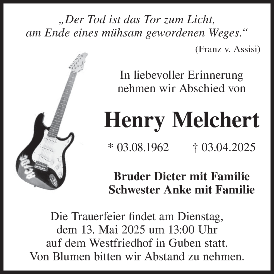 Traueranzeige von Henry Melchert von WochenKurier