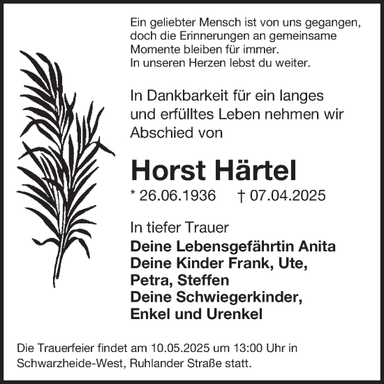 Traueranzeige von Horst Härtel von WochenKurier