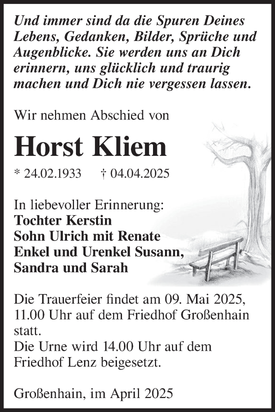 Traueranzeige von Horst Kliem von WochenKurier