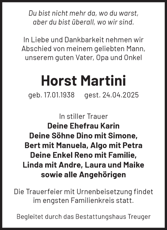 Traueranzeige von Horst Martini von WochenKurier