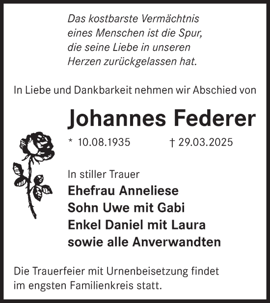 Traueranzeige von Johannes Federer von WochenKurier