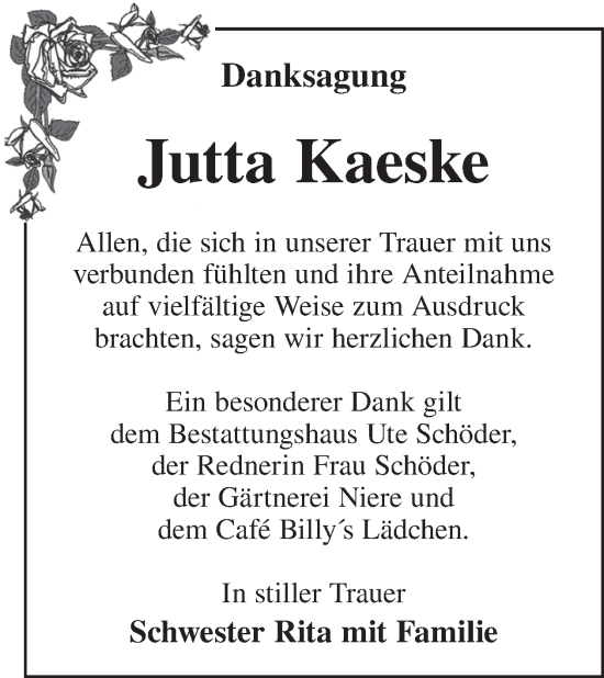 Traueranzeige von Jutta Kaeske von WochenKurier