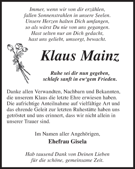 Traueranzeige von Klaus Mainz von WochenKurier