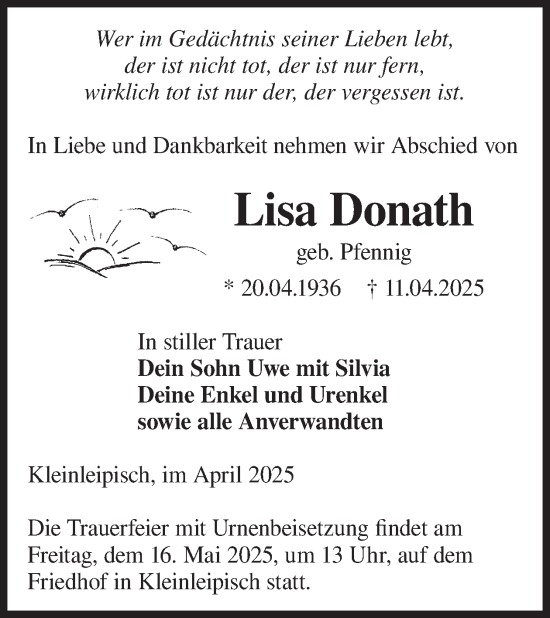 Traueranzeige von Lisa Donath von WochenKurier