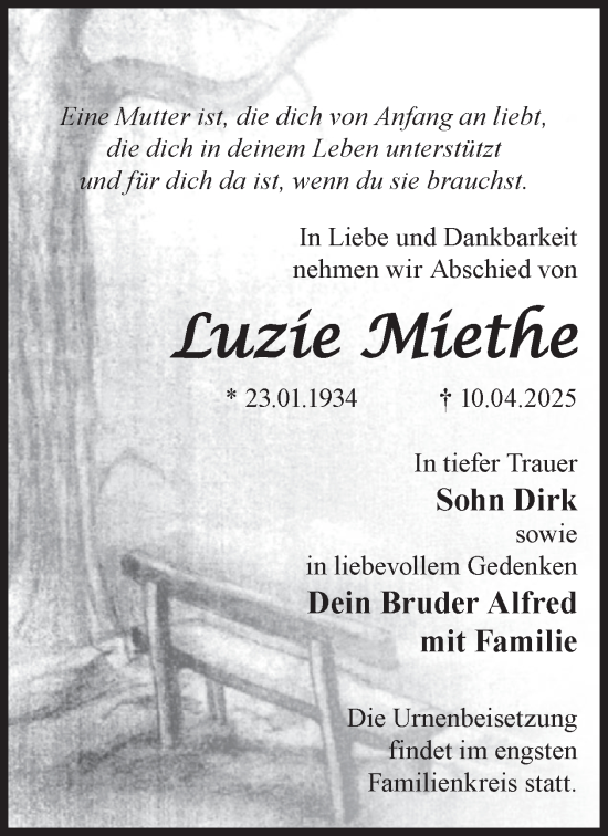 Traueranzeige von Luzie Miethe von WochenKurier