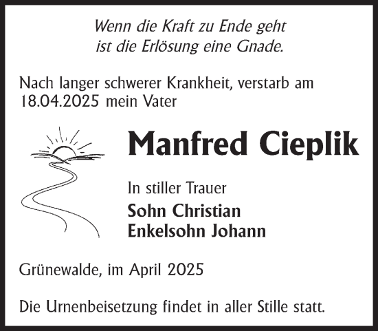 Traueranzeige von Manfred Cieplik von WochenKurier