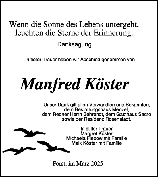 Traueranzeige von Manfred Köster von WochenKurier