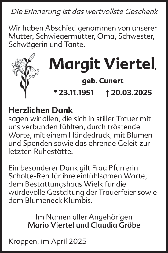 Traueranzeige von Margit Viertel von WochenKurier