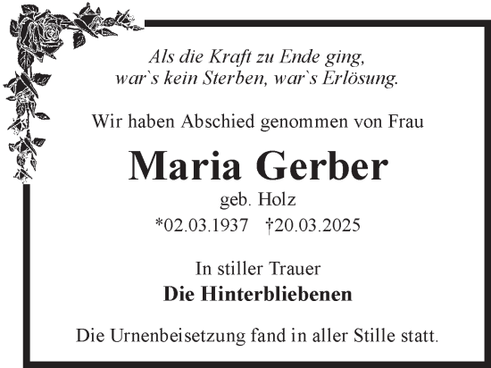 Traueranzeige von Maria Gerber von WochenKurier