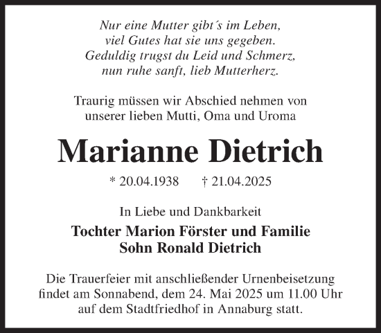 Traueranzeige von Marianne Dietrich von WochenKurier