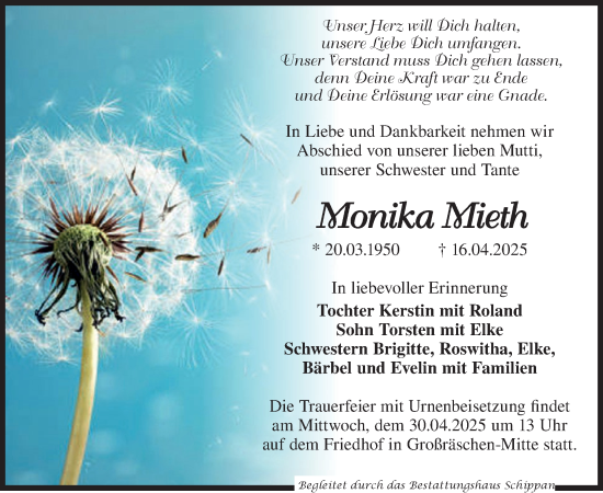Traueranzeige von Monika Mieth von WochenKurier