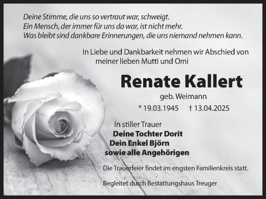 Traueranzeige von Renate Kallert von WochenKurier