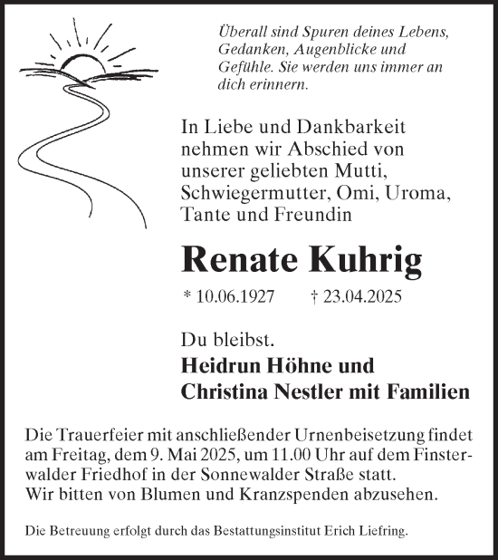 Traueranzeige von Renate Kuhrig von WochenKurier