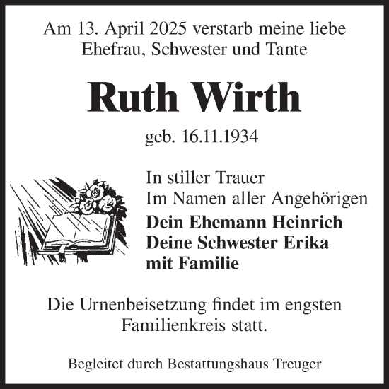 Traueranzeige von Ruth Wirth von WochenKurier