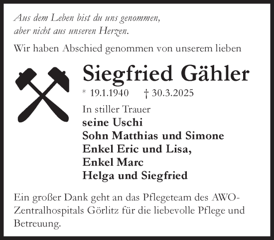 Traueranzeige von Siegfried Gähler von WochenKurier