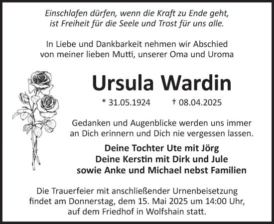 Traueranzeige von Ursula Wardin von WochenKurier