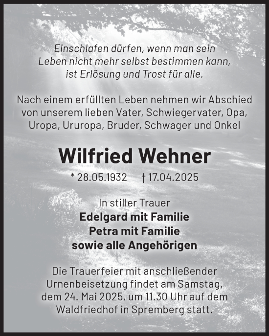 Traueranzeige von Wilfried Wehner von WochenKurier