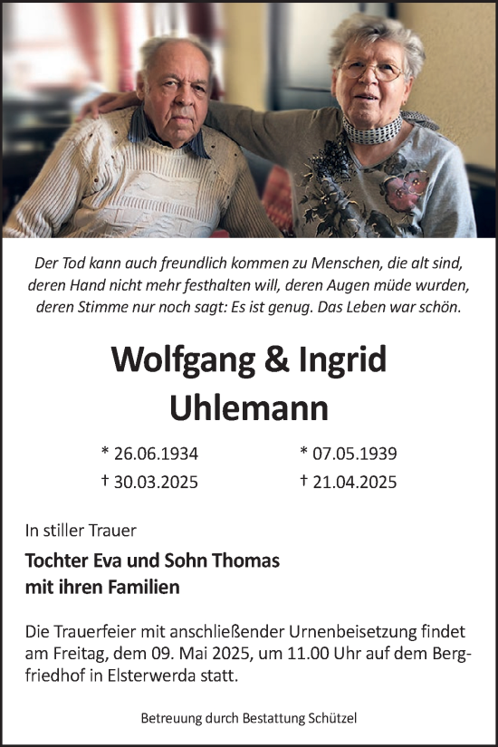 Traueranzeige von Wolfgang und Ingrid Uhlemann von WochenKurier