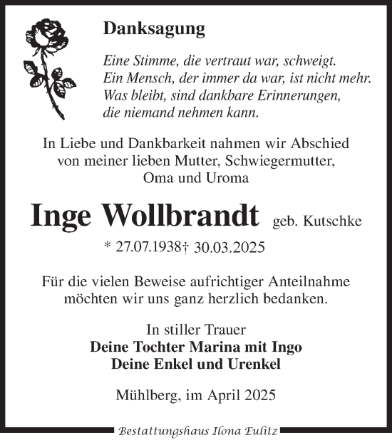 Traueranzeige von Inge Wollbrandt von WochenKurier