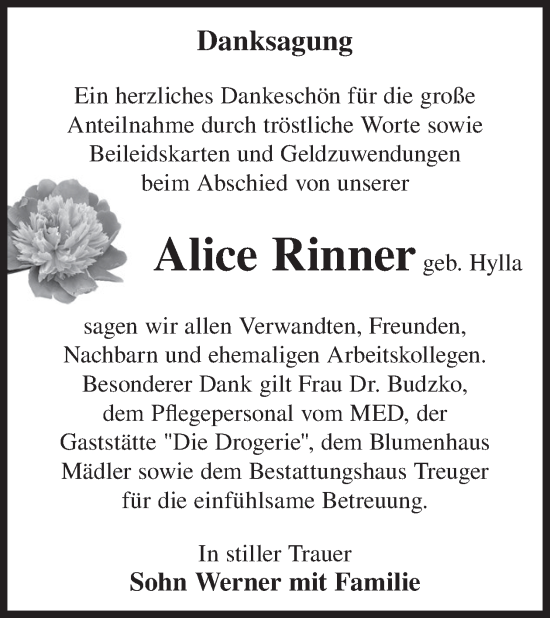 Traueranzeige von Alice Rinner von WochenKurier