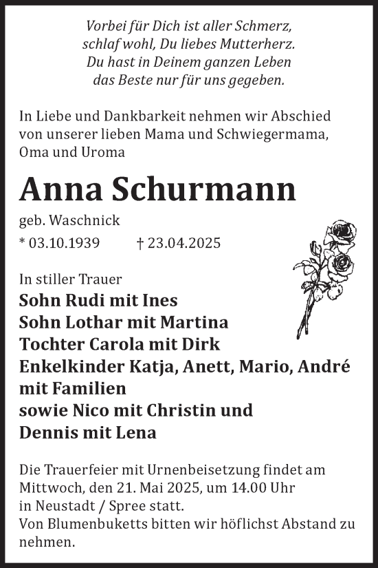Traueranzeige von Anna Schurmann von WochenKurier