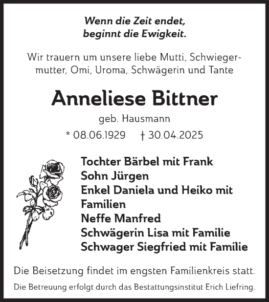 Traueranzeige von Anneliese Bittner von WochenKurier