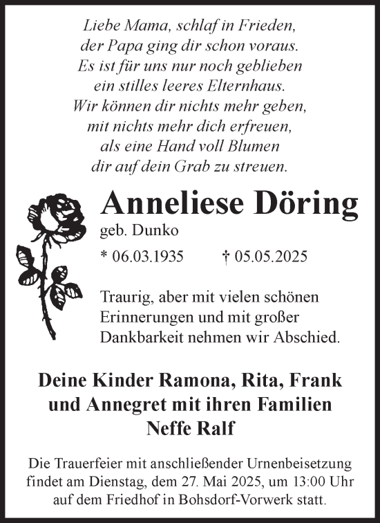 Traueranzeige von Anneliese Döring von WochenKurier