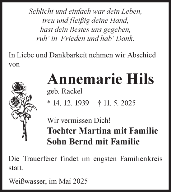 Traueranzeige von Annemarie Hils von WochenKurier