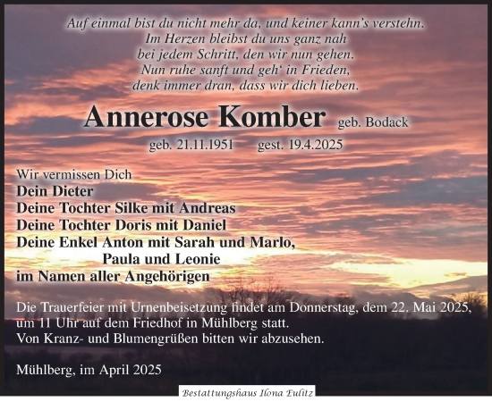 Traueranzeige von Annerose Komber von WochenKurier