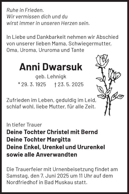 Traueranzeige von Anni Dwarsuk von WochenKurier