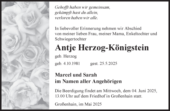 Traueranzeige von Antje Herzog-Königstein von WochenKurier