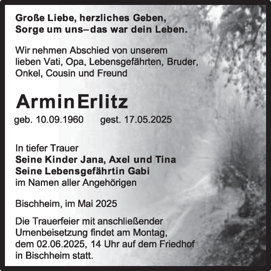 Traueranzeige von Armin Erlitz von WochenKurier