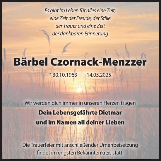 Traueranzeige von Bärbel Czornack-Menzzer von WochenKurier