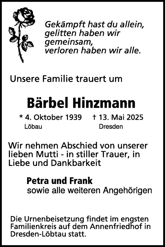 Traueranzeige von Bärbel Hinzmann von WochenKurier