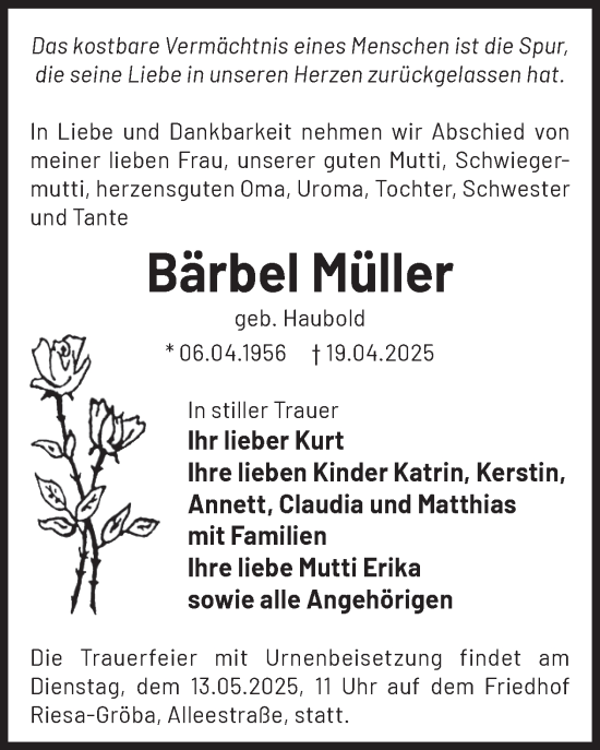 Traueranzeige von Bärbel Müller von WochenKurier