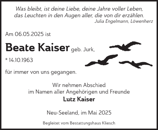 Traueranzeige von Beate Kaiser von WochenKurier