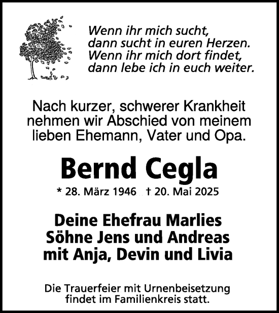 Traueranzeige von Bernd Cegla von WochenKurier