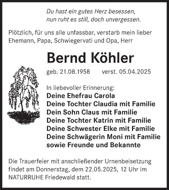 Traueranzeige von Bernd Köhler von WochenKurier